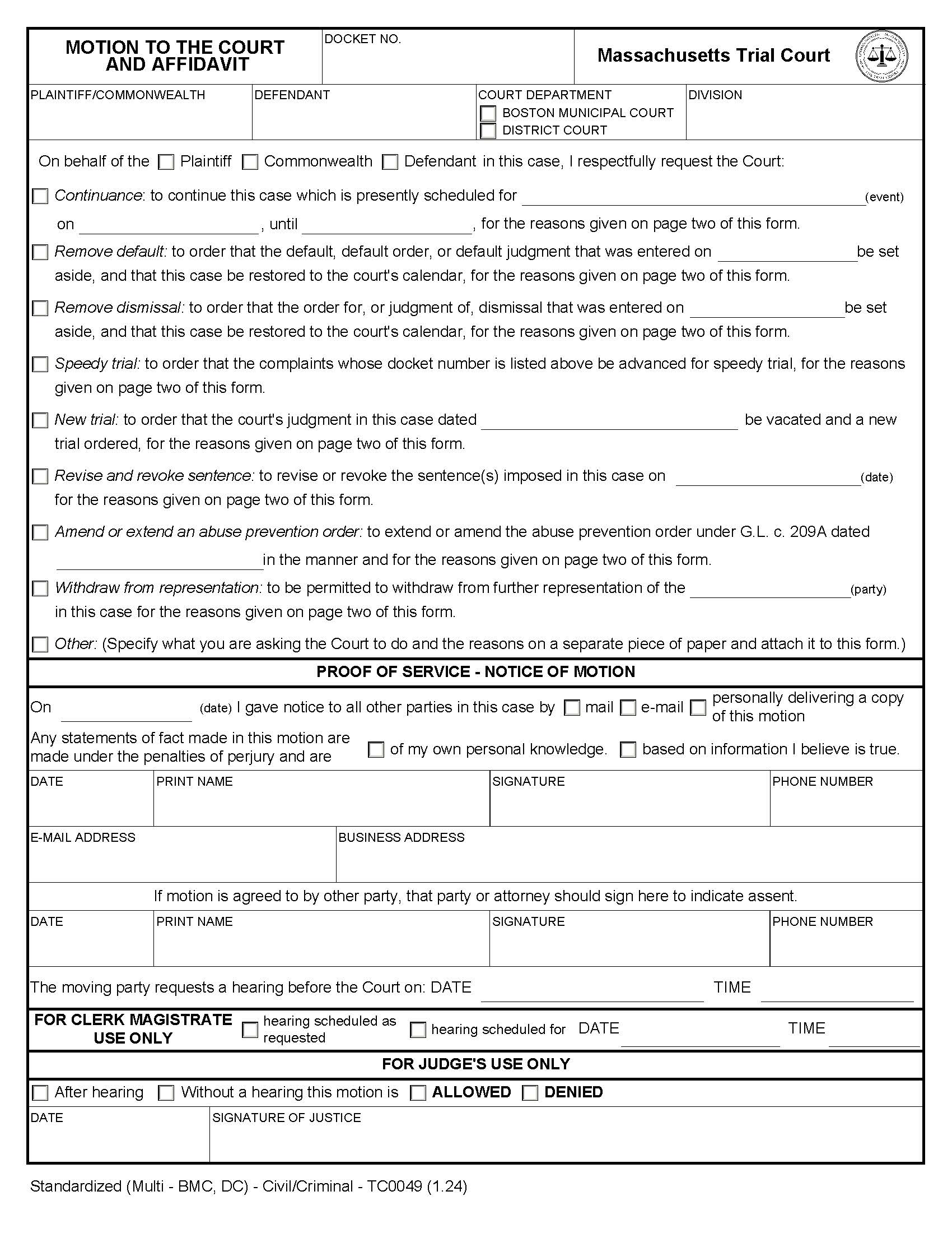 Motion To The Court And Affidavit {TC0049} | Pdf Fpdf Doc Docx | Massachusetts