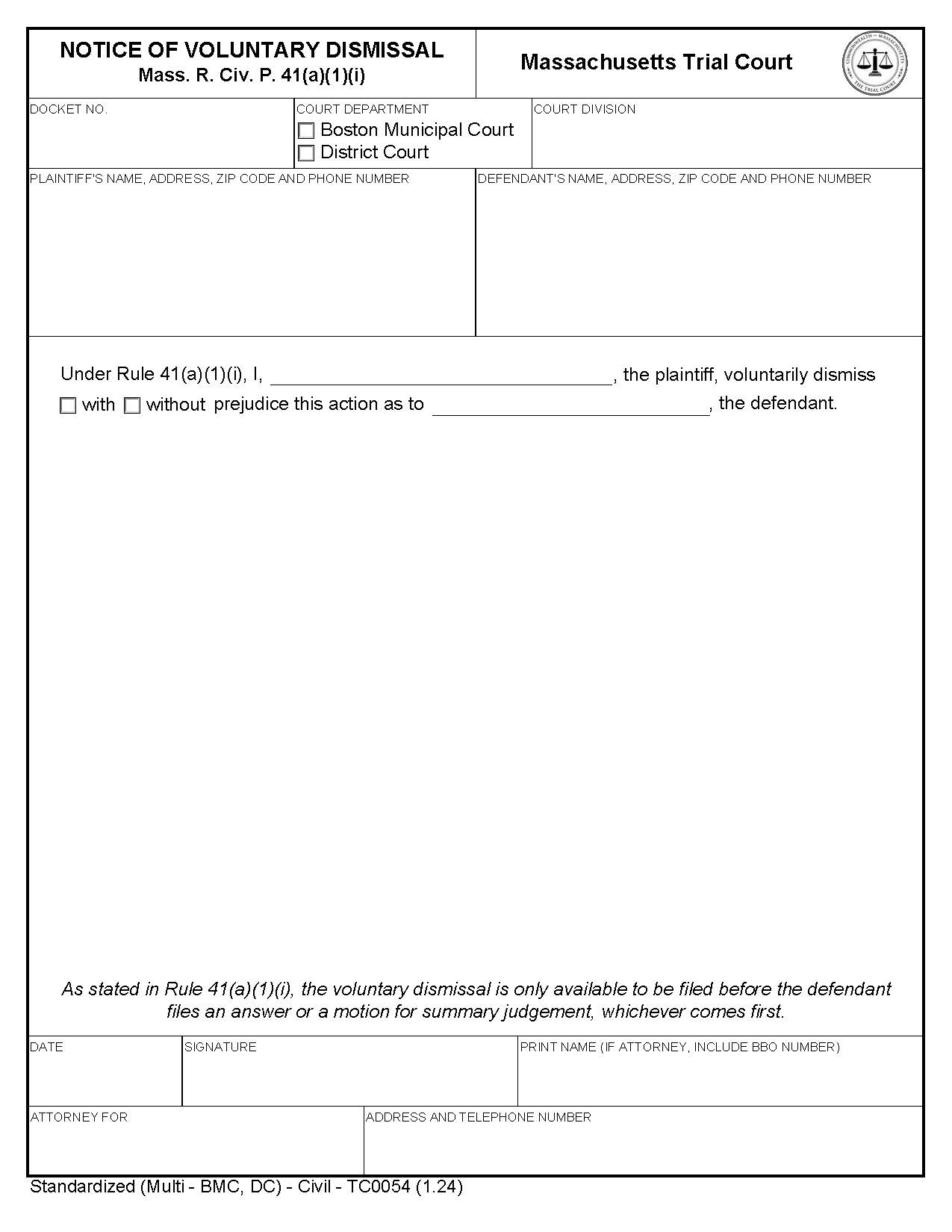 Notice Of Voluntary Dismissal {TC0054} | Pdf Fpdf Doc Docx | Massachusetts