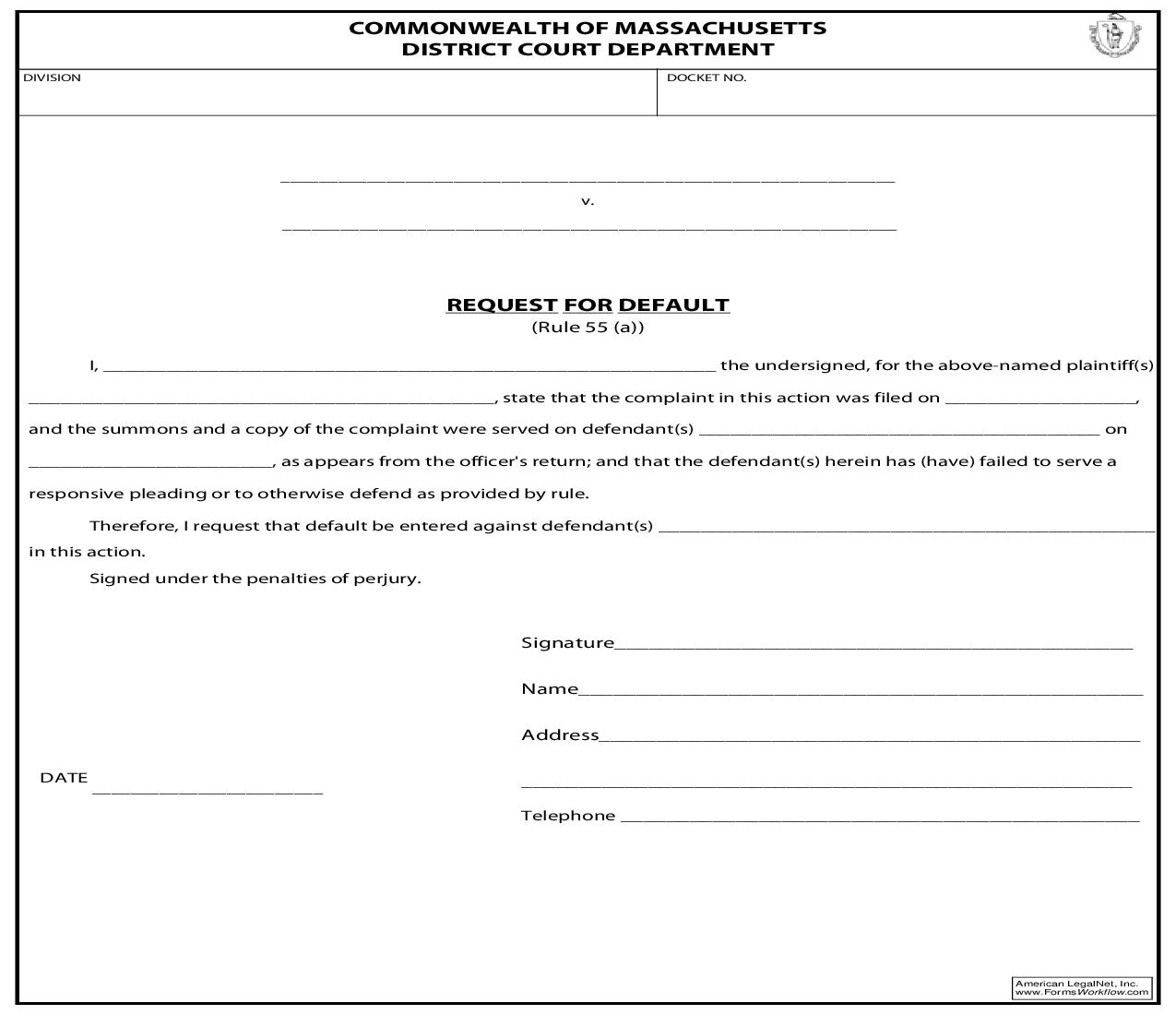 Request For Default | Pdf Fpdf Doc Docx | Massachusetts