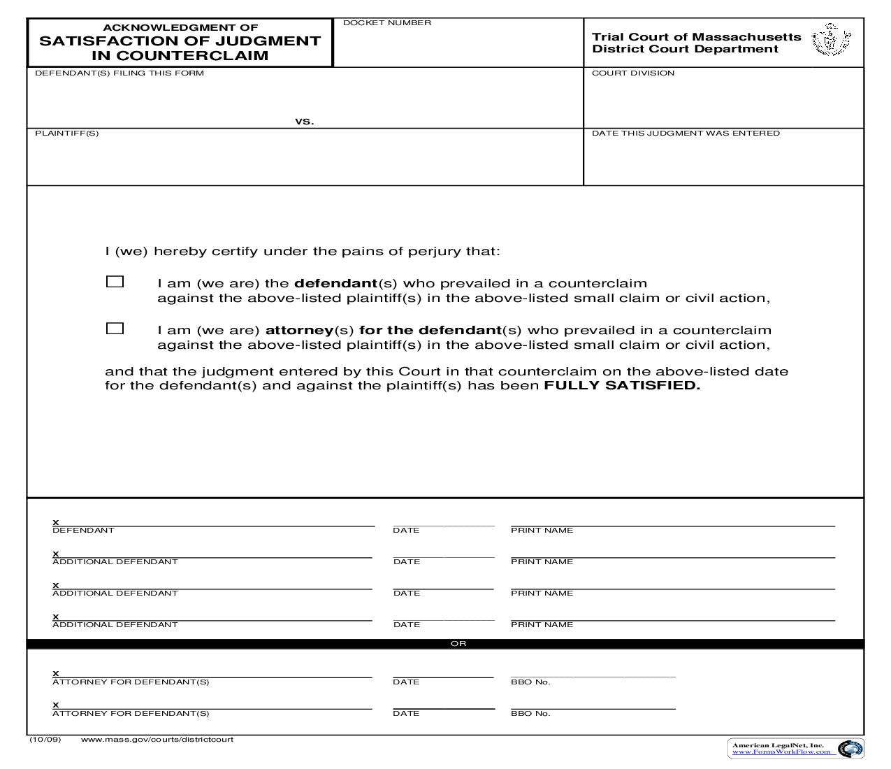 Satisfaction Of Judgment On Counterclaim | Pdf Fpdf Doc Docx | Massachusetts