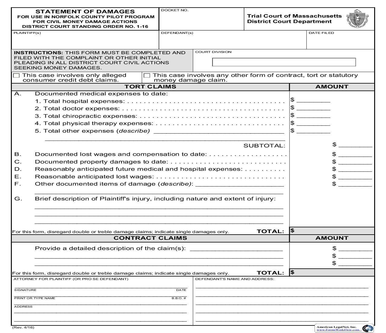 Statement Of Damages For Use In Norfolk County Pilot Program | Pdf Fpdf Doc Docx | Massachusetts