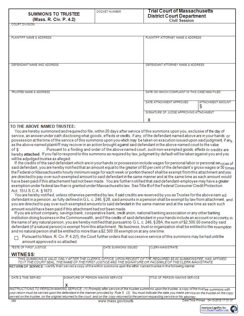 Summons To Trustee | Pdf Fpdf Docx | Massachusetts