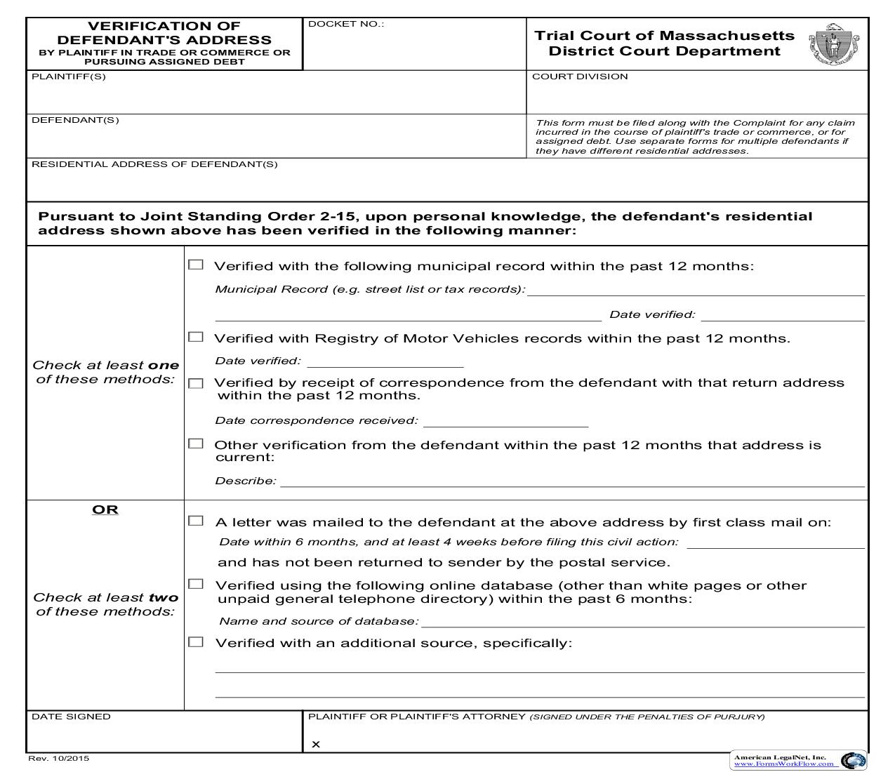 Verification Of Defendants Address | Pdf Fpdf Doc Docx | Massachusetts
