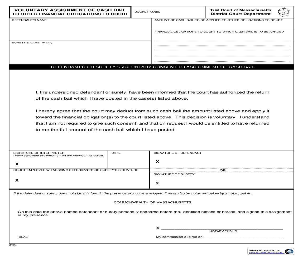 Assignment Of Cash Bail  | Pdf Fpdf Doc Docx | Massachusetts
