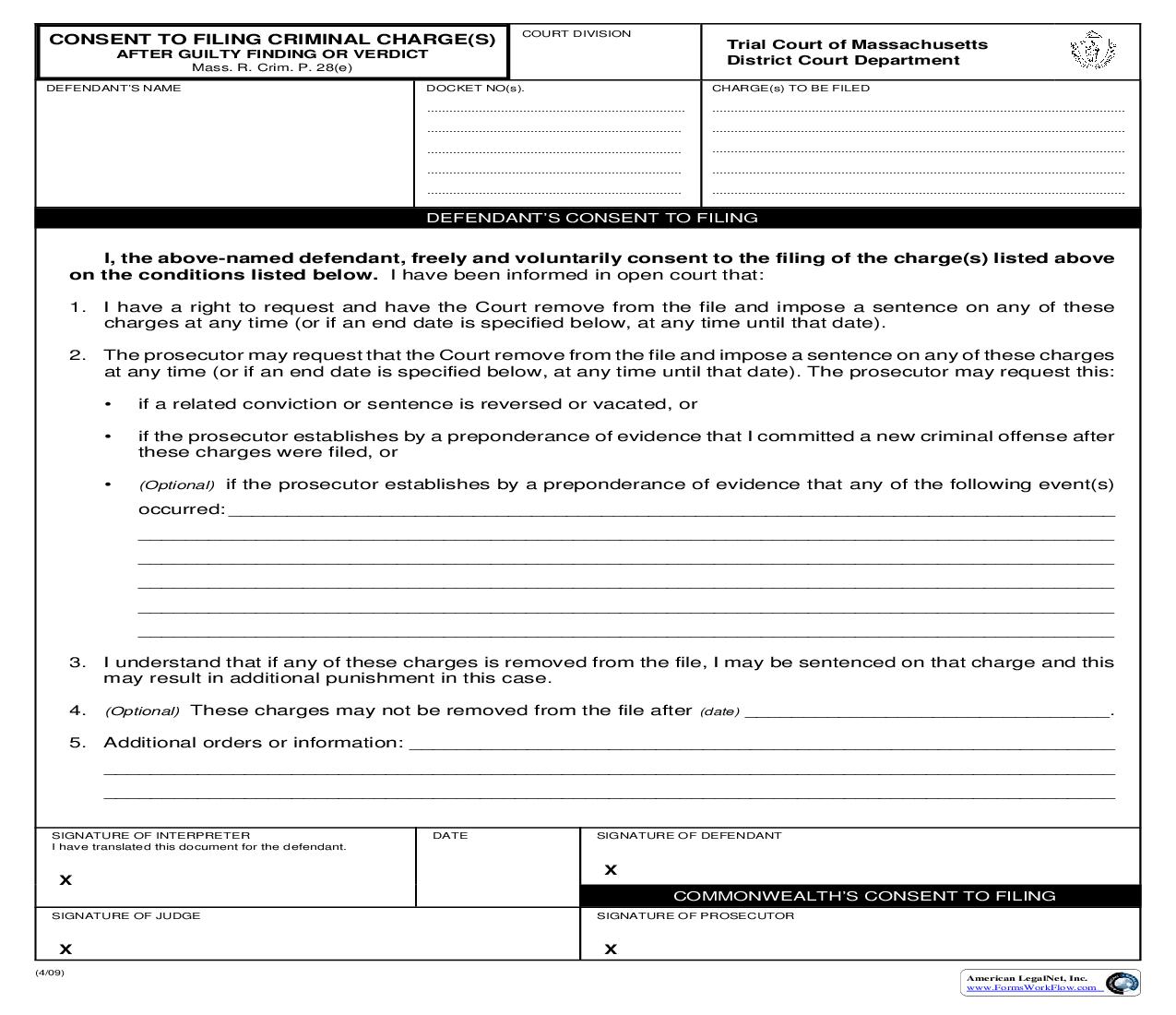 Consent To Filing Criminal Charge(s) | Pdf Fpdf Doc Docx | Massachusetts