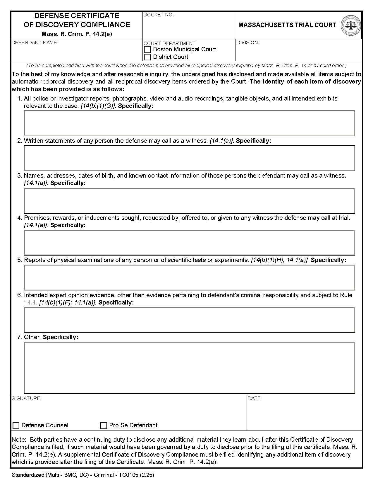 Defense Certificate Of Discovery Compliance {TC0105} | Pdf Fpdf Doc Docx | Massachusetts