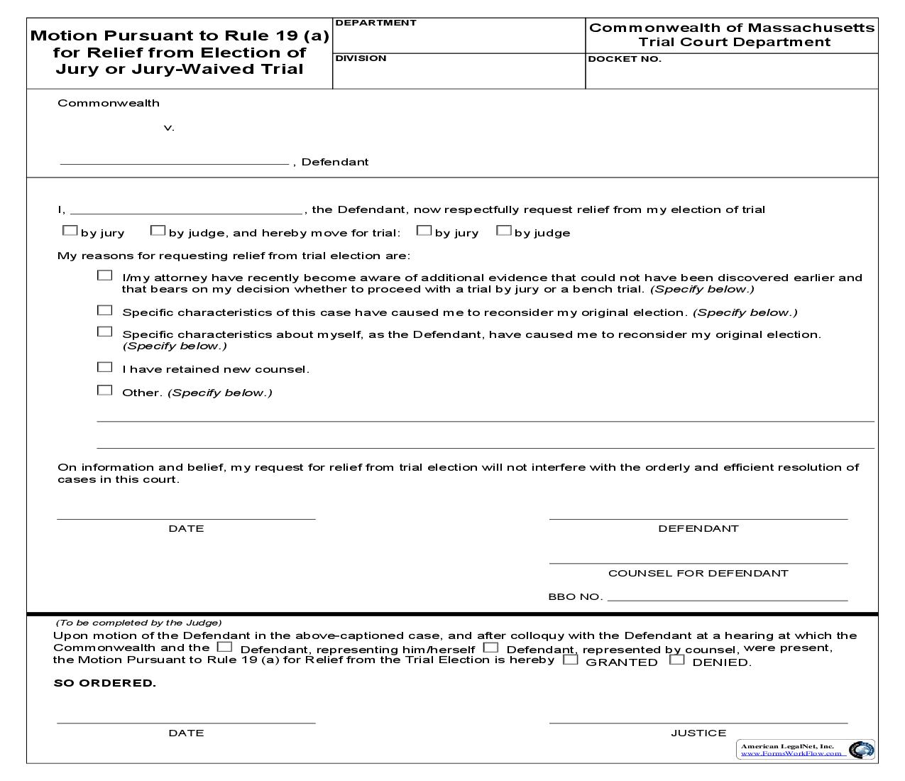 Motion Pursuant To Rule 19a For Relief From Election Of Jury Or Jury Waived Trial | Pdf Fpdf Doc Docx | Massachusetts