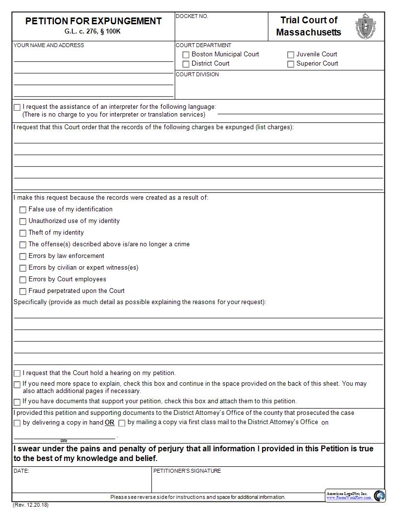 Petition For Expungement | Pdf Fpdf Docx | Massachusetts