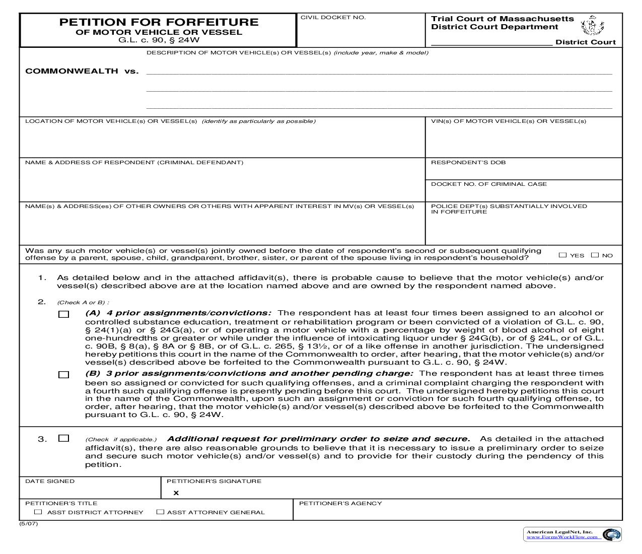 Petition For Forfeiture | Pdf Fpdf Doc Docx | Massachusetts