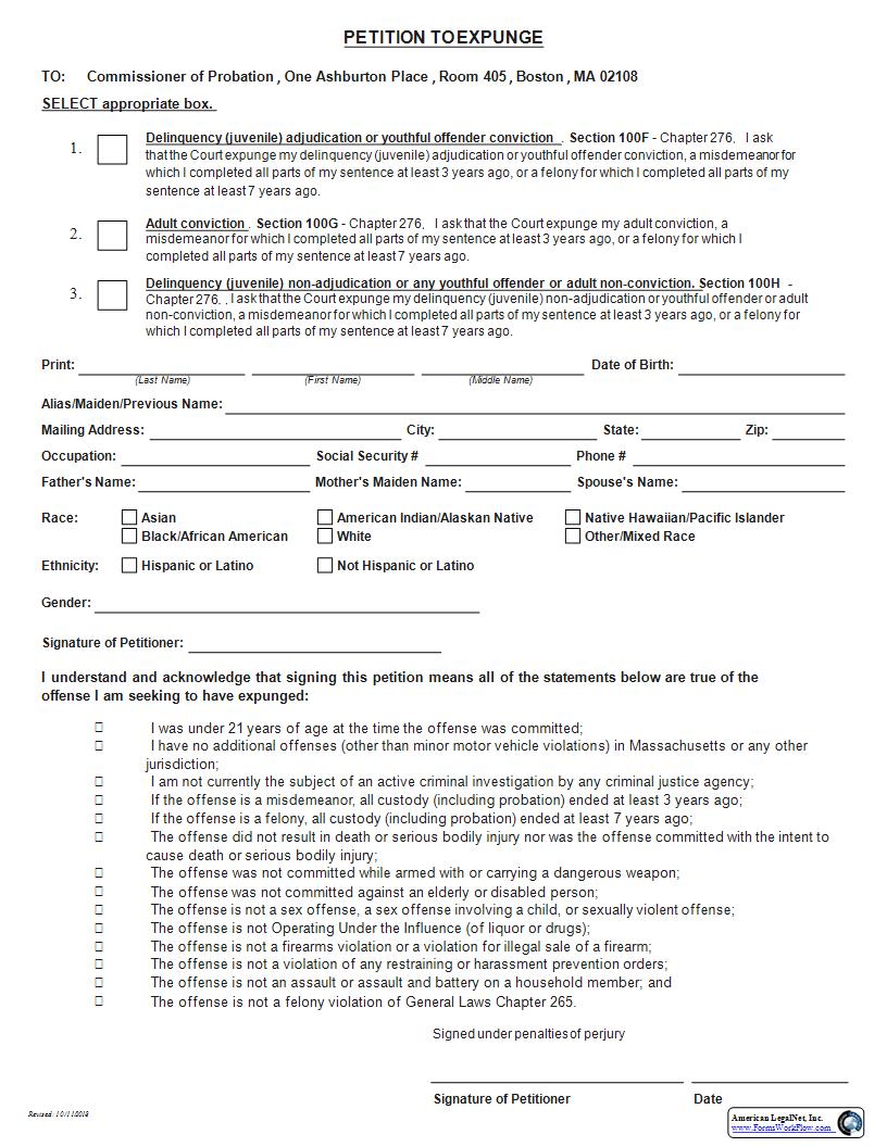 Petition To Expunge | Pdf Fpdf Docx | Massachusetts