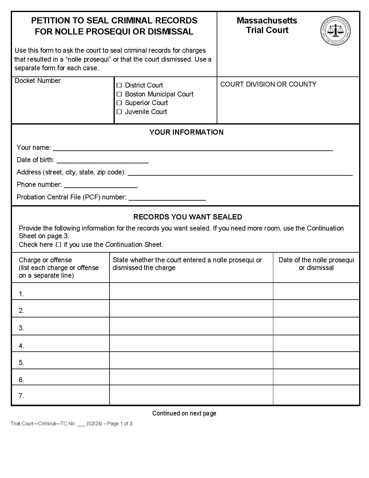 Petition To Seal Criminal Records For Nolle Prosequi Or Dismissal | Pdf Fpdf Docx | Massachusetts