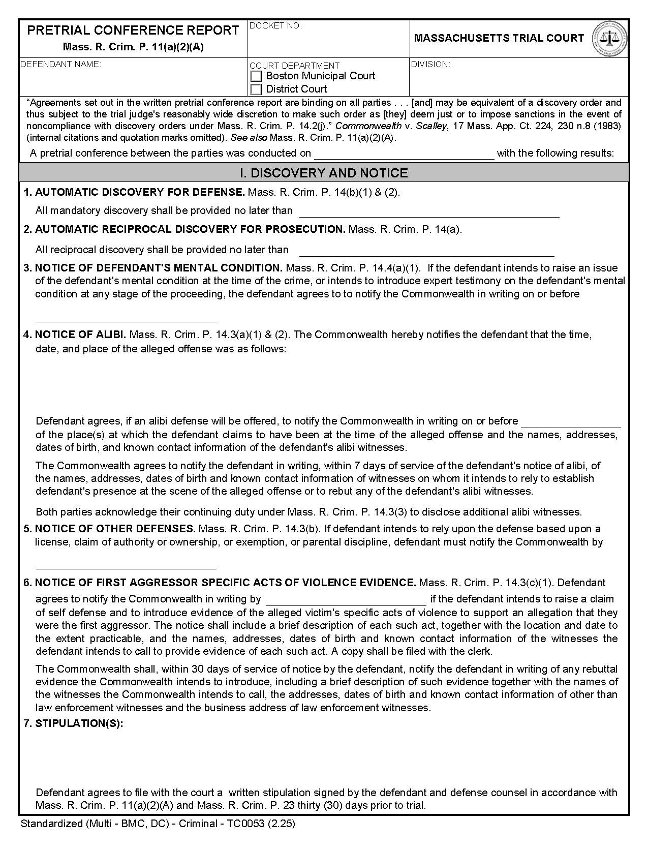 Pretrial Conference Report {TC0053} | Pdf Fpdf Doc Docx | Massachusetts