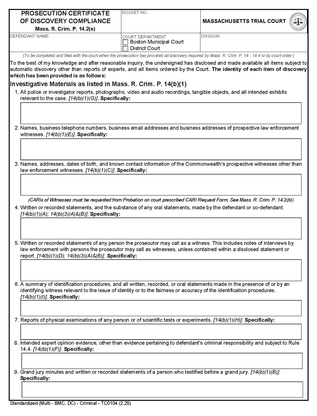 Prosecution Certificate Of Discovery Compliance {TC0104} | Pdf Fpdf Doc Docx | Massachusetts