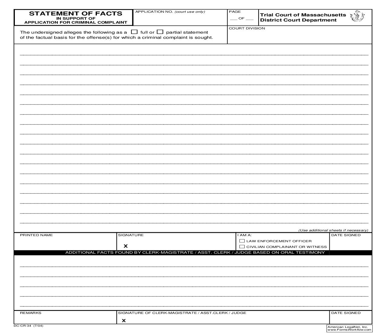 Statement Of Facts In Support OF Application For Criminal Complaint {DC-CR-34} | Pdf Fpdf Doc Docx | Massachusetts