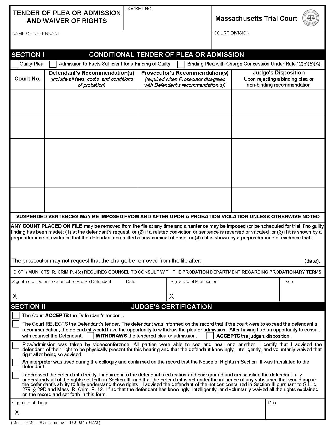 Tender Of Plea Or Admission And Waiver Of Rights {TC0031} | Pdf Fpdf Doc Docx | Massachusetts