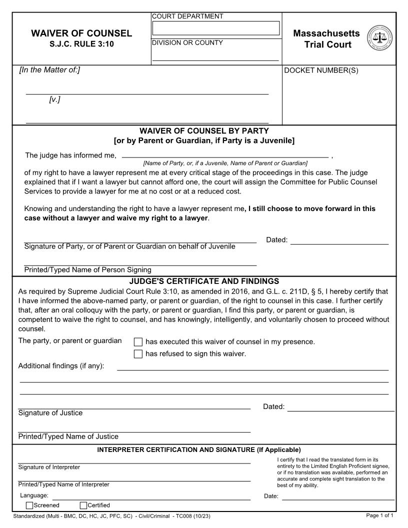 Waiver Of Counsel | Pdf Fpdf Doc Docx | Massachusetts