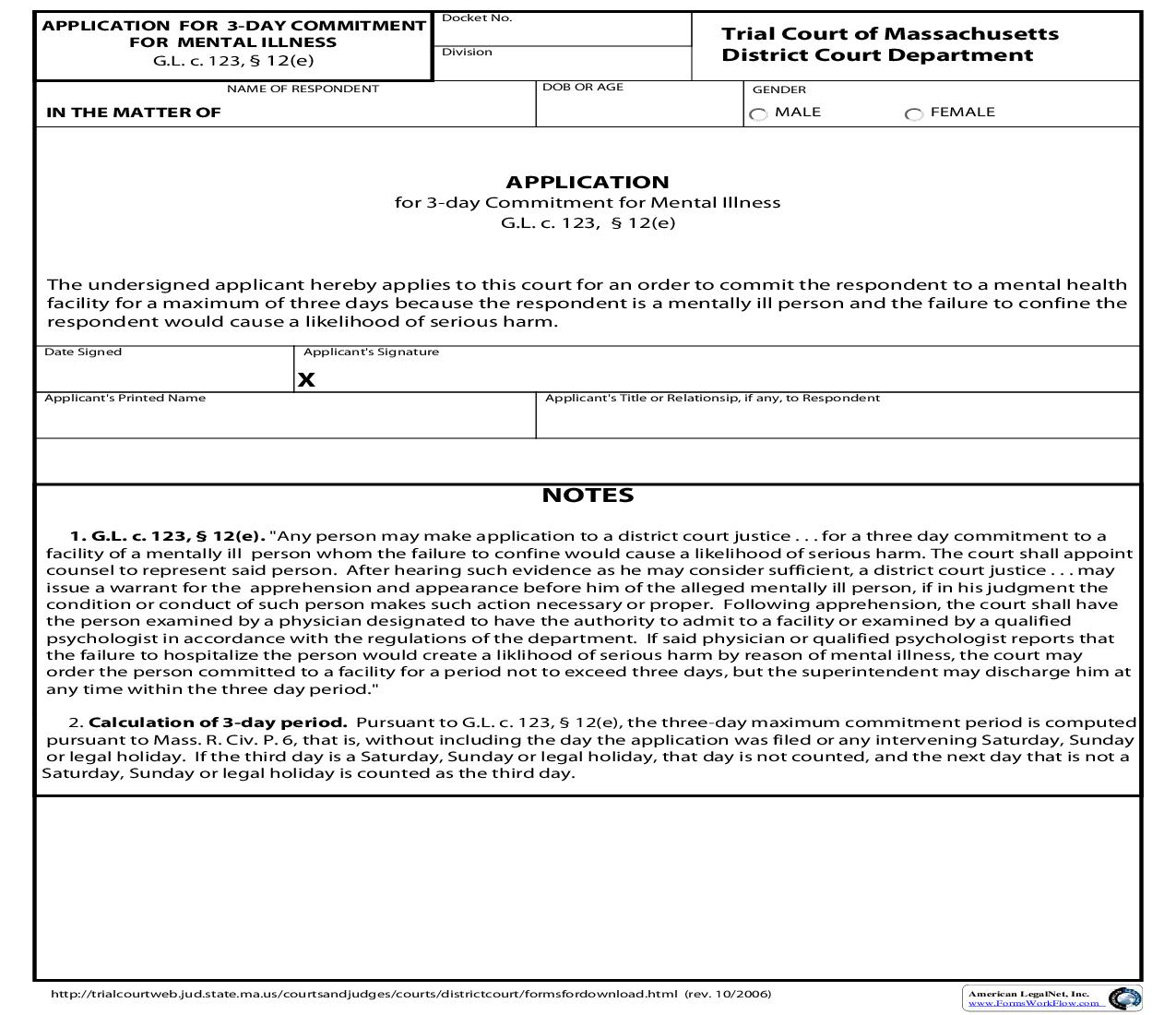Application For 3-Day Commitment For Mental Illness | Pdf Fpdf Doc Docx | Massachusetts