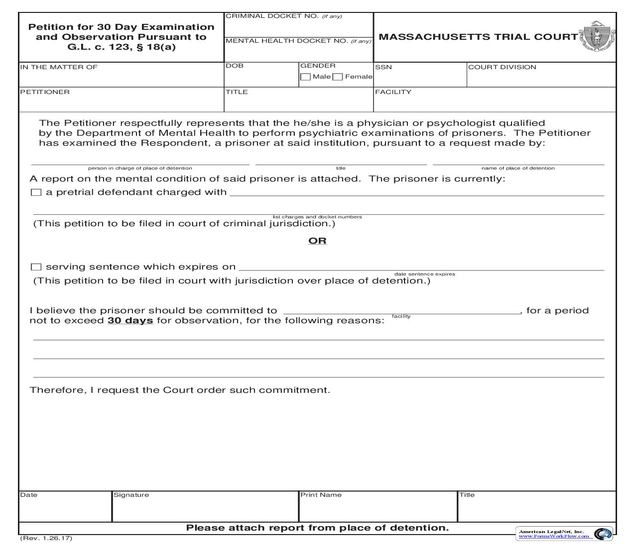 Petition For 30 Day Examination And Observation Pursuant To G.L.C. 123 18(a) | Pdf Fpdf Doc Docx | Massachusetts