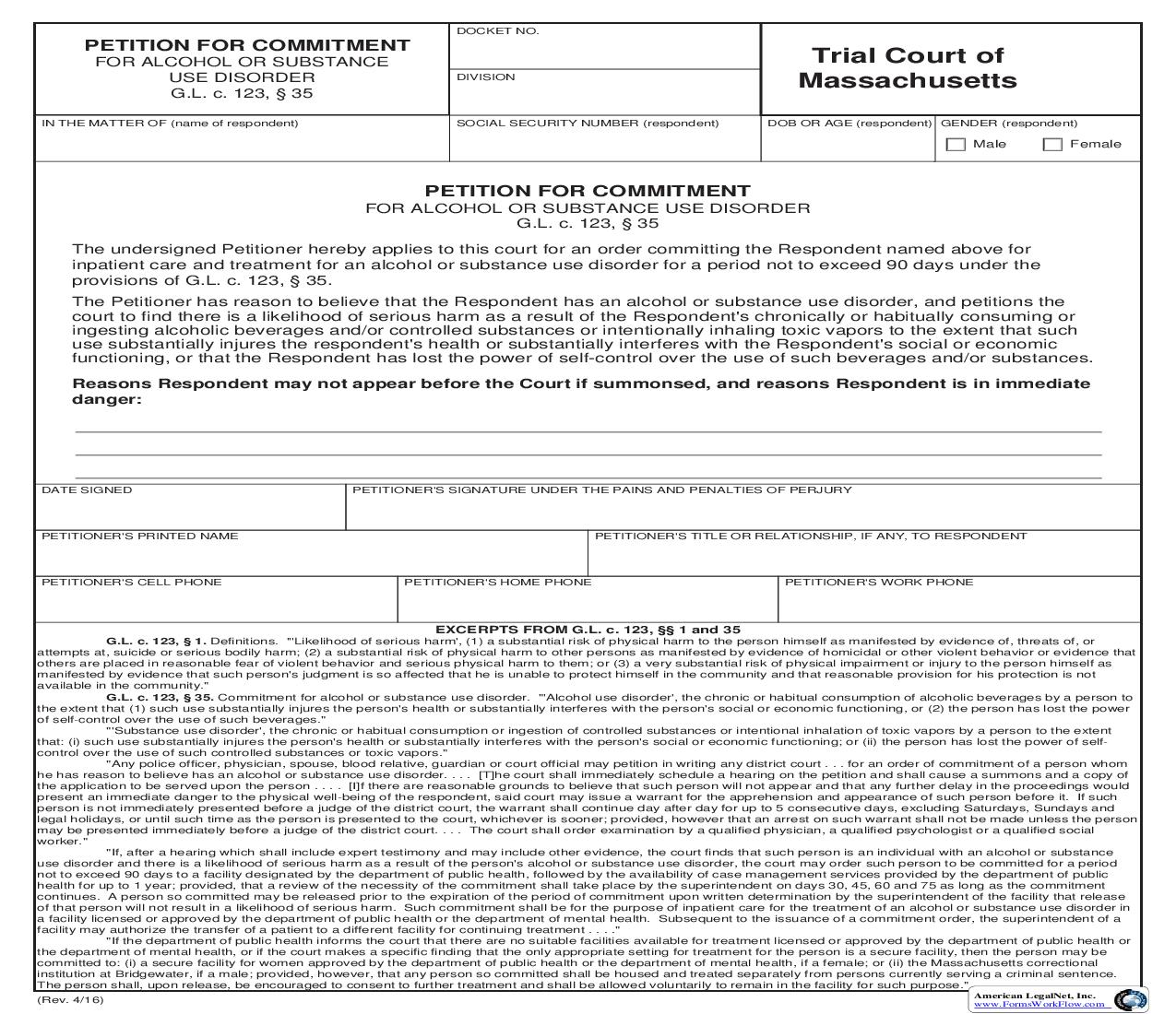 Petition For Commitment For Alcohol Or Substance Use Disorder | Pdf Fpdf Doc Docx | Massachusetts