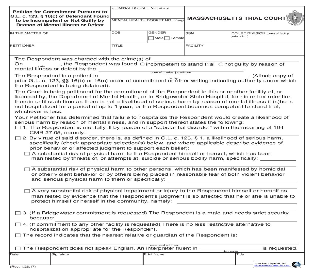 Petition For Commitment Pursuant To G.L.C. 123 16(c) | Pdf Fpdf Doc Docx | Massachusetts