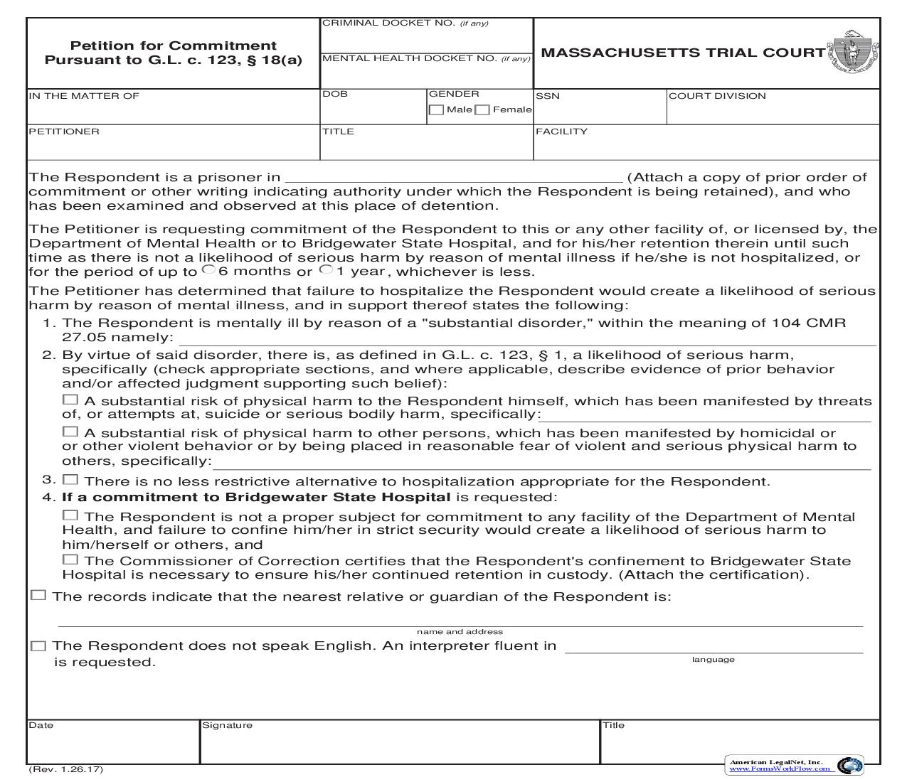 Petition For Commitment Pursuant To G.L.C. 123 18(a) | Pdf Fpdf Doc Docx | Massachusetts