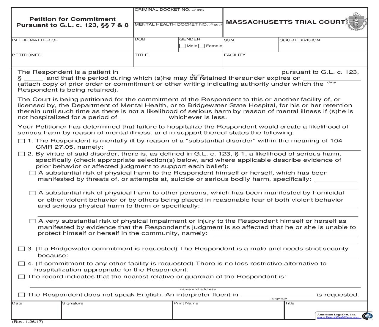Petition For Commitment Pursuant To G.L.C. 123 7 -8 | Pdf Fpdf Doc Docx | Massachusetts