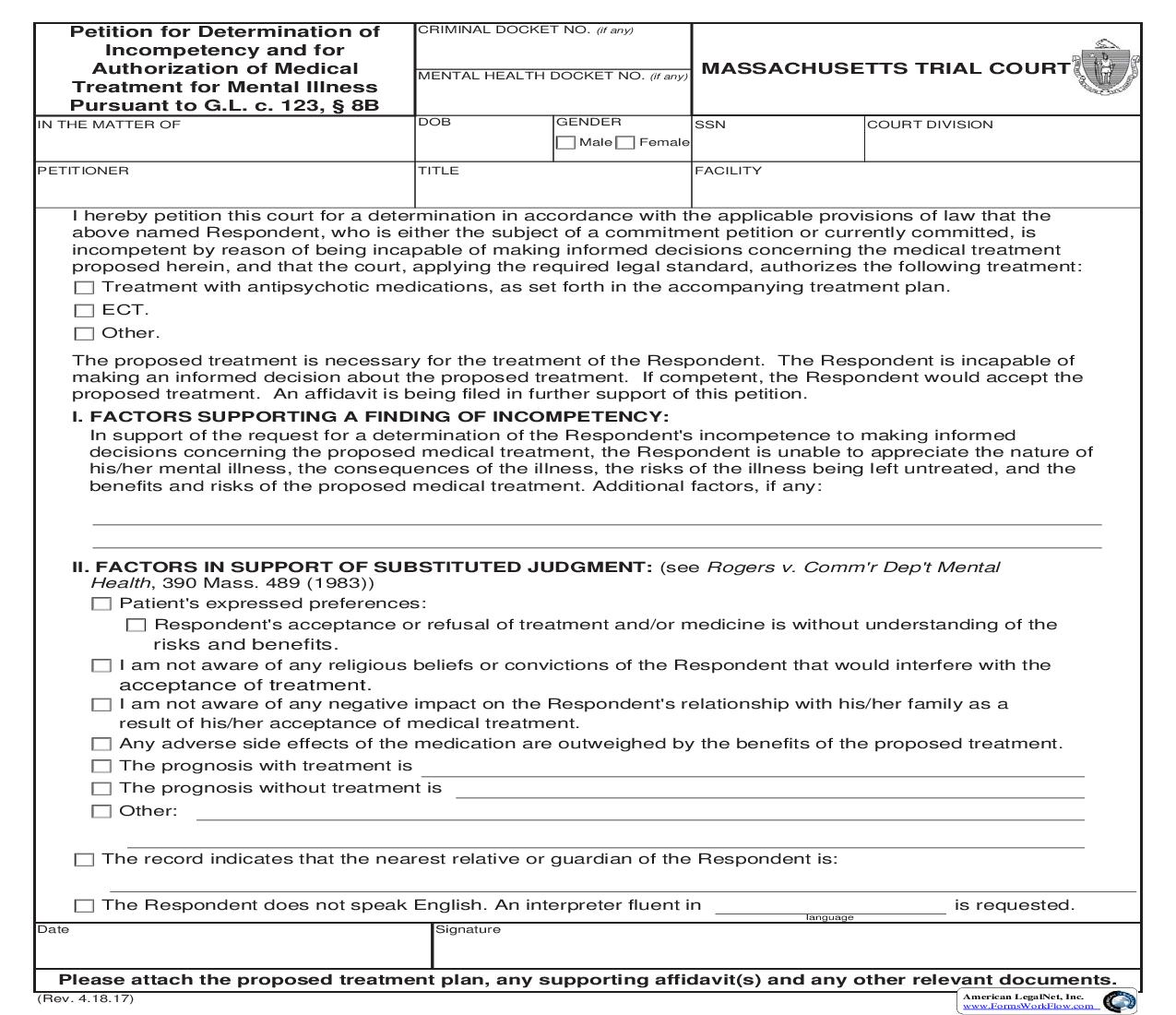 Petition For Determination Of Incompetency And For Authorization Of Medical Treatment | Pdf Fpdf Doc Docx | Massachusetts