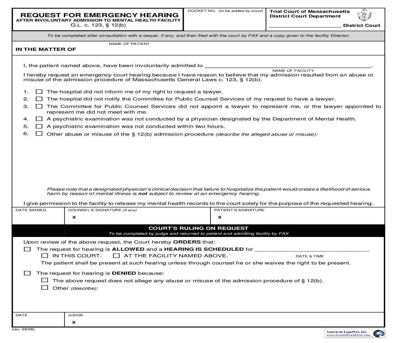 Request For Emergency Hearing | Pdf Fpdf Doc Docx | Massachusetts