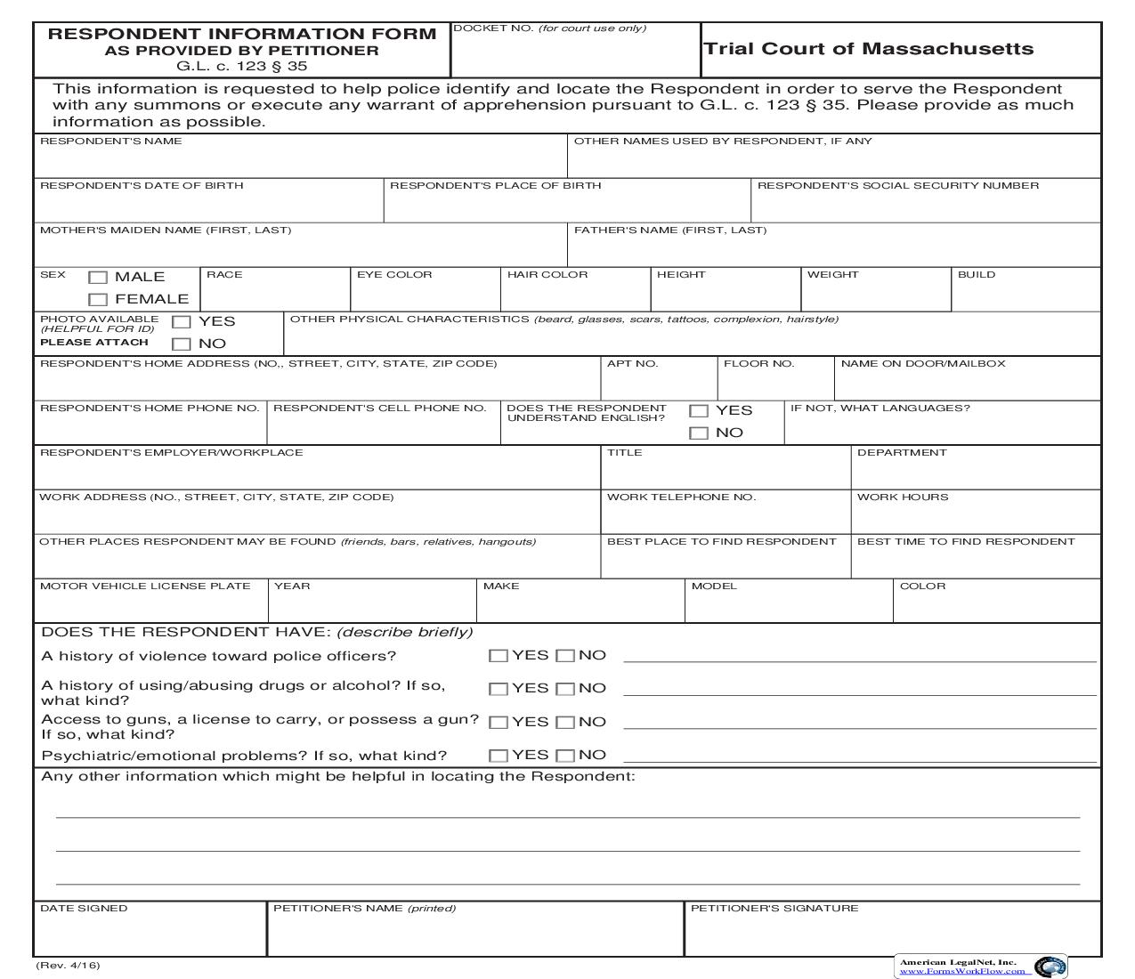 Respondent Information Form As Provided By Petitioner | Pdf Fpdf Doc Docx | Massachusetts