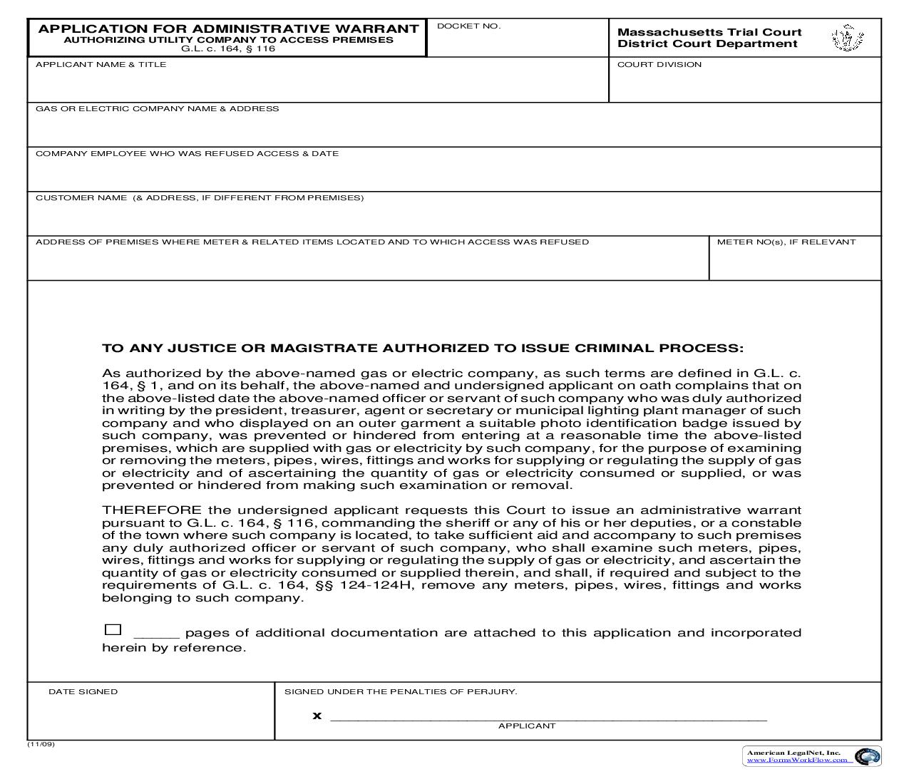 Application For Administrative Warrant Authorizing Utility Company To Access Premises | Pdf Fpdf Doc Docx | Massachusetts