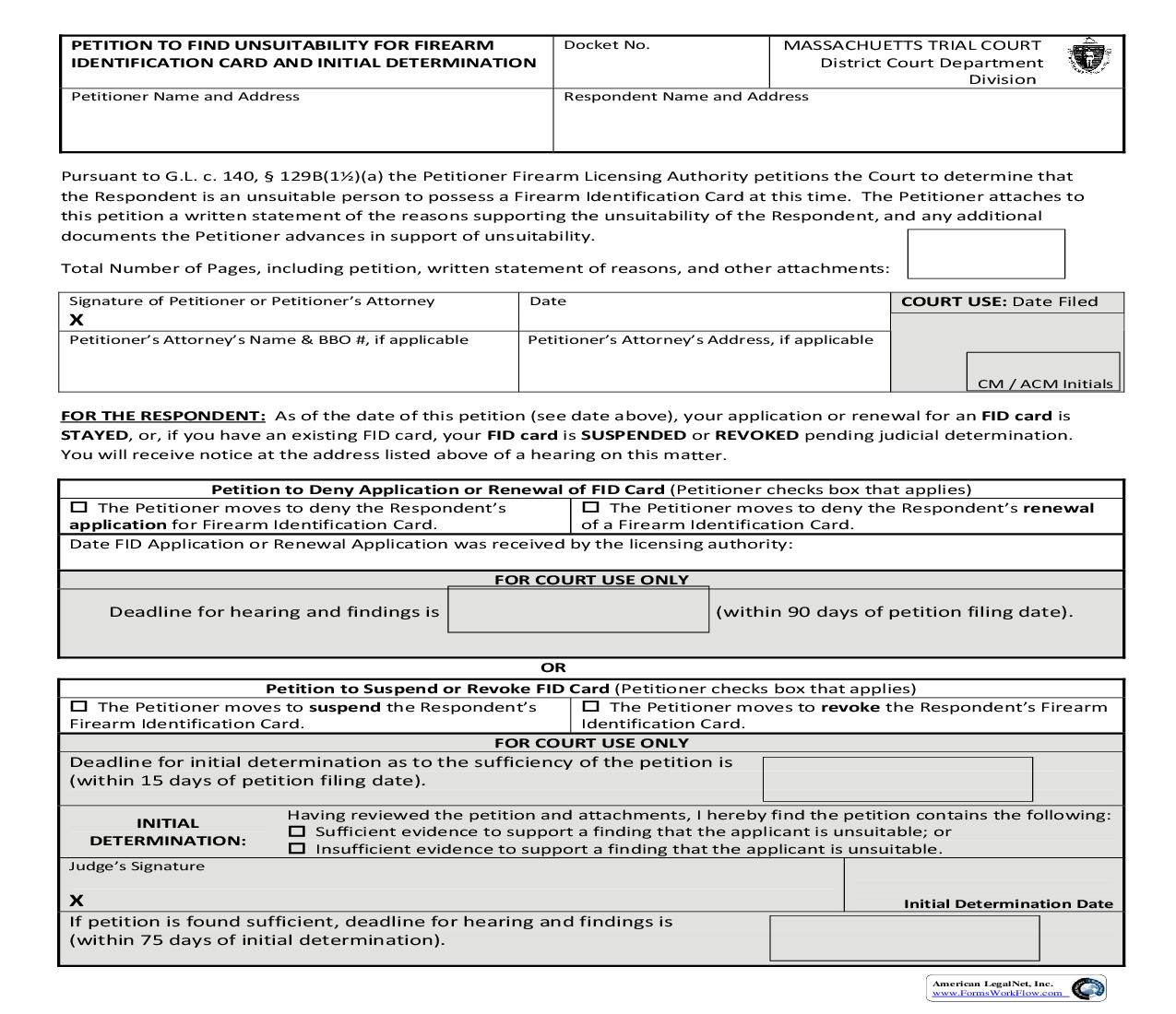 Petition To Find Unsuitability For Firearm Identification Card And Initial Determination | Pdf Fpdf Doc Docx | Massachusetts