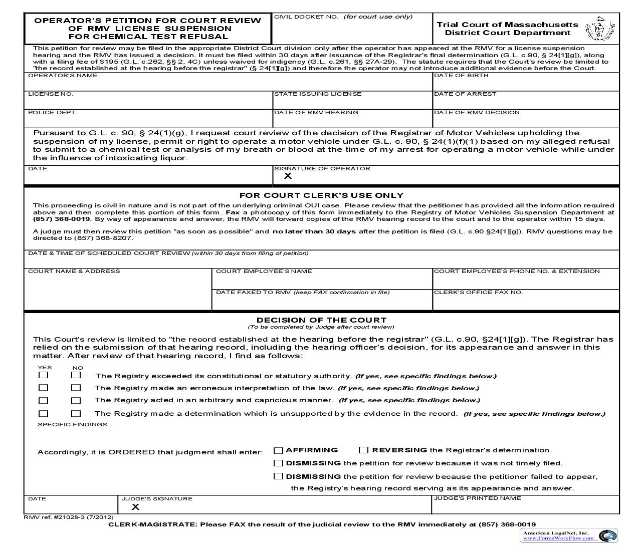 Operators Petition For Court Review Of RMV License Suspension | Pdf Fpdf Doc Docx | Massachusetts