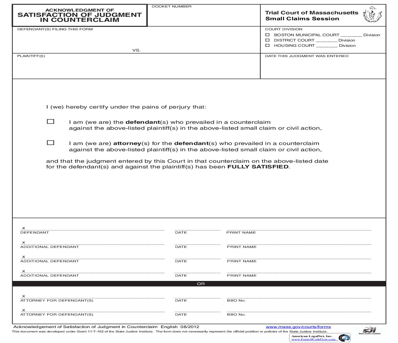 Acknowledgment Of Satisfaction Of Judgment In Counterclaim | Pdf Fpdf Doc Docx | Massachusetts
