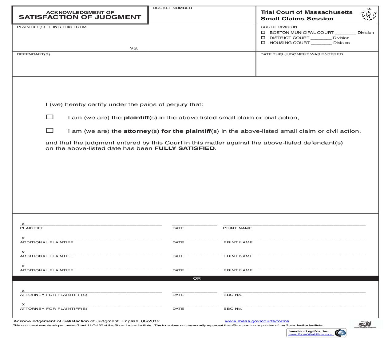 Acknowledgment Of Satisfaction Of Judgment | Pdf Fpdf Doc Docx | Massachusetts