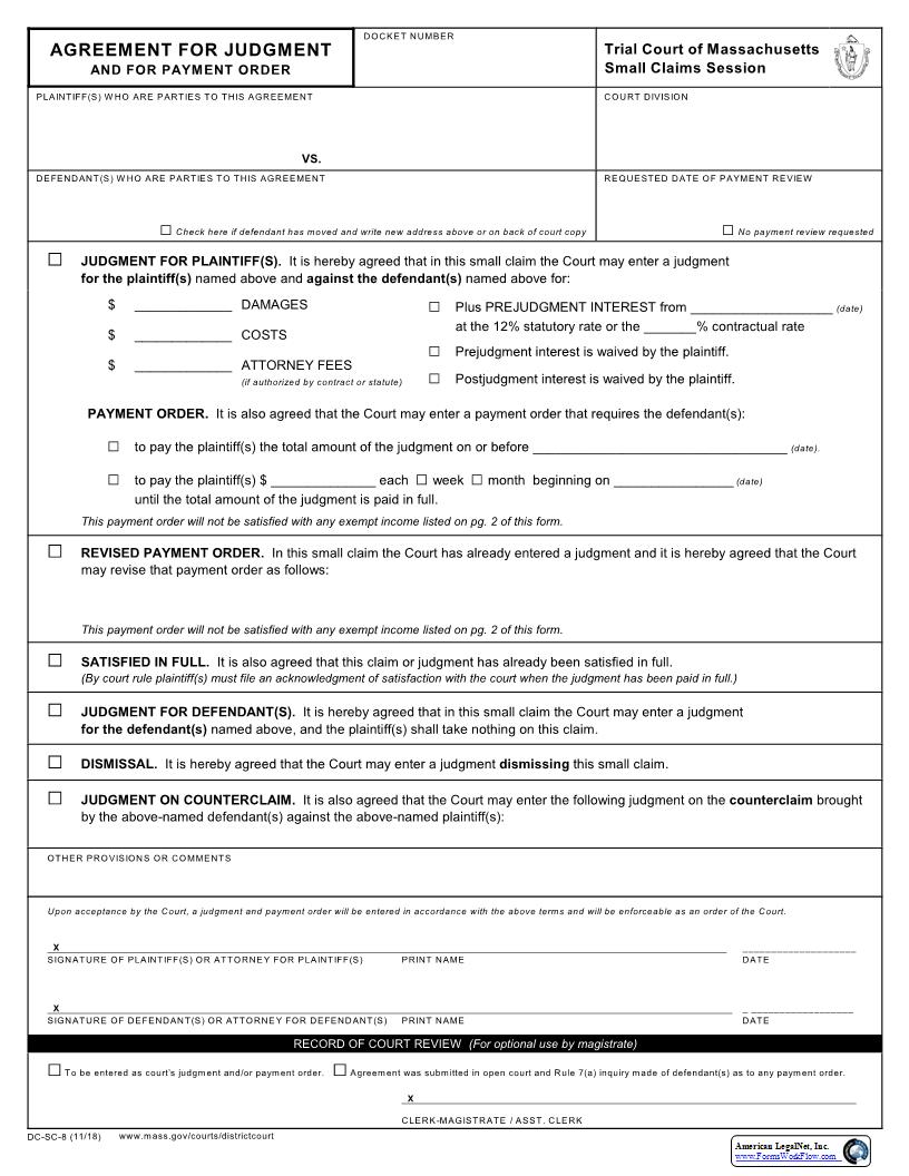 Agreement For Judgment And For Payment Order {DC-SC-8} | Pdf Fpdf Docx | Massachusetts