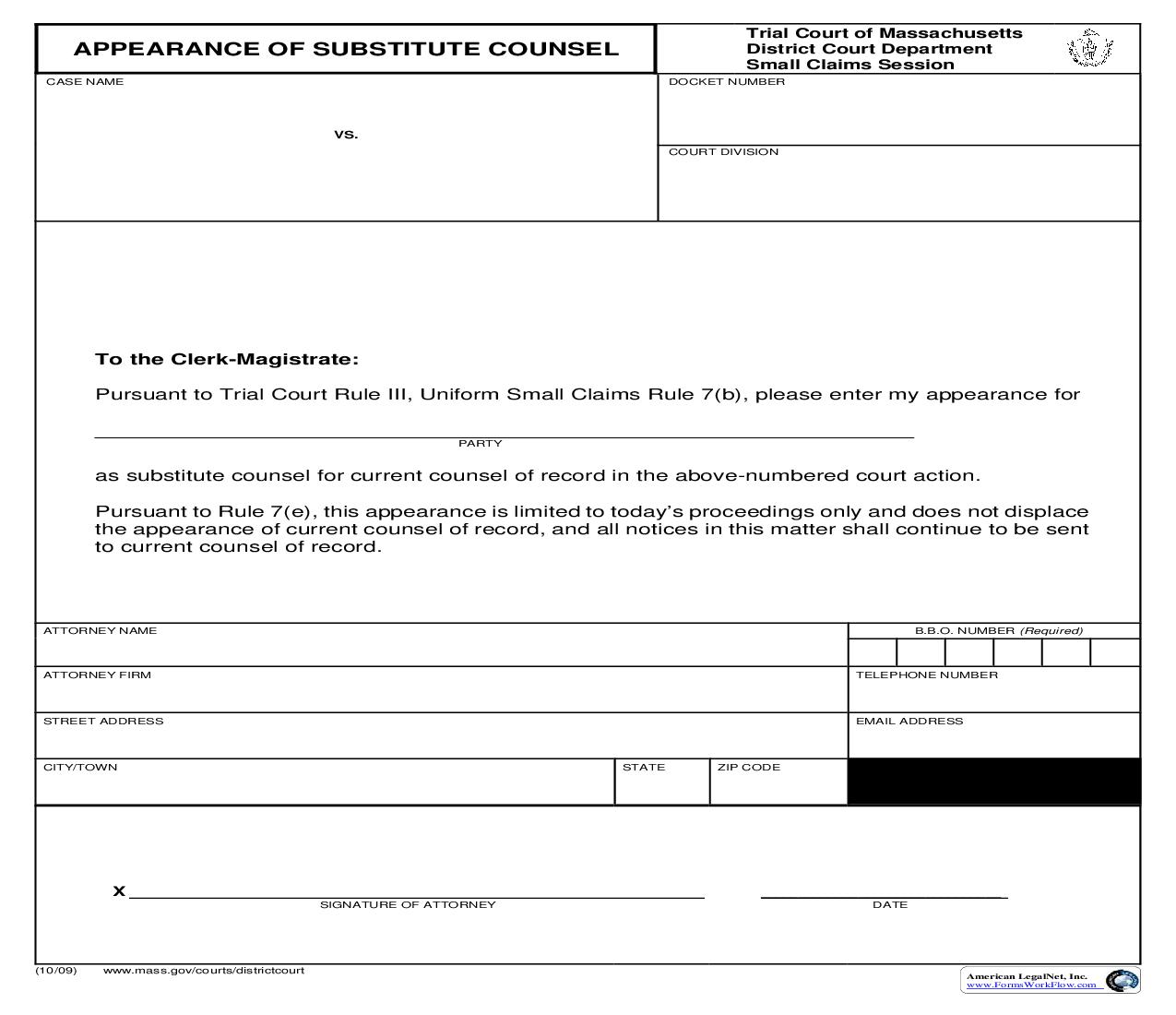 Appearance Of Substitute Counsel | Pdf Fpdf Doc Docx | Massachusetts