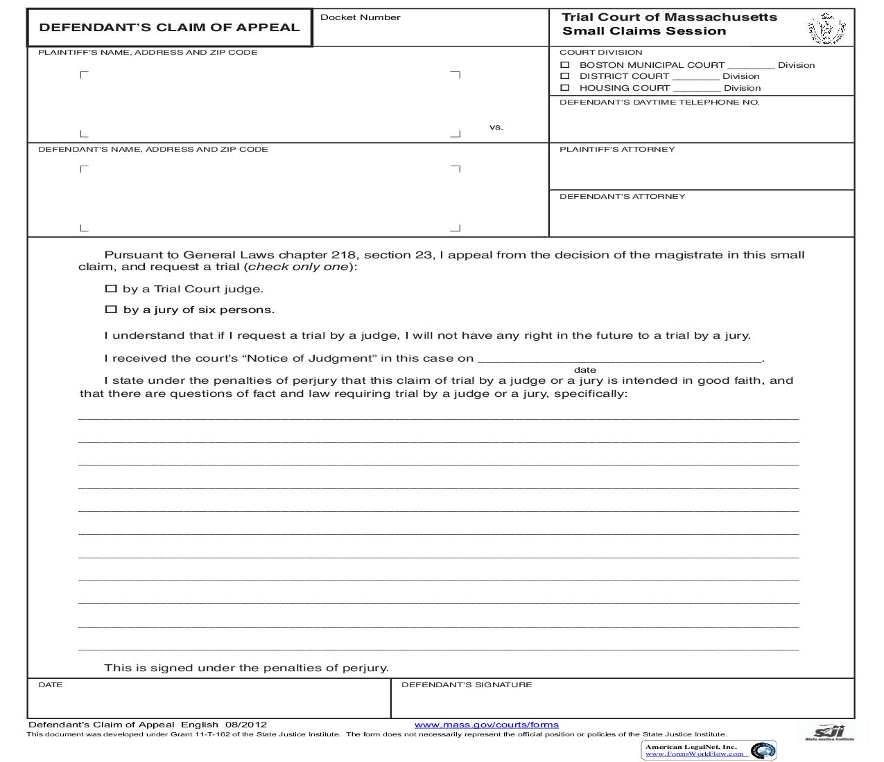Defendants Claim Of Appeal | Pdf Fpdf Doc Docx | Massachusetts