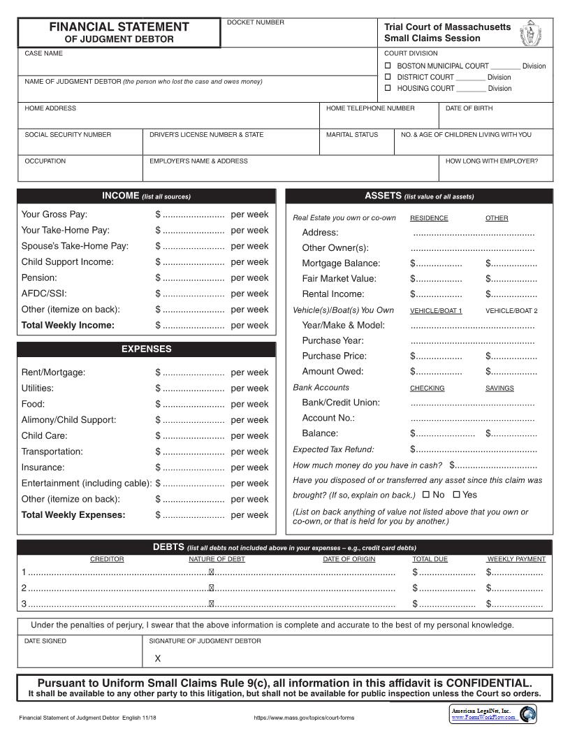 Financial Statement Of Judgment Debtor | Pdf Fpdf Docx | Massachusetts