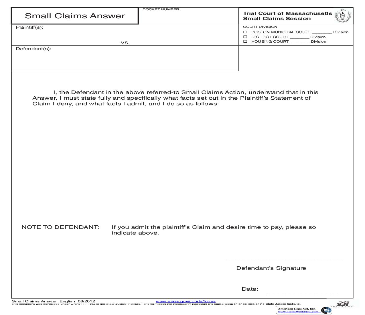 Small Claims Answer | Pdf Fpdf Doc Docx | Massachusetts