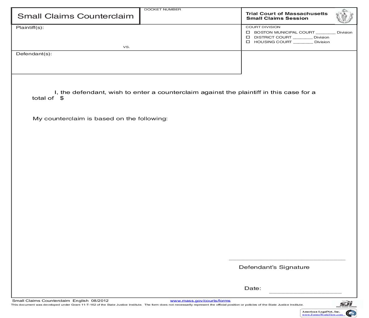Small Claims Counterclaim | Pdf Fpdf Doc Docx | Massachusetts