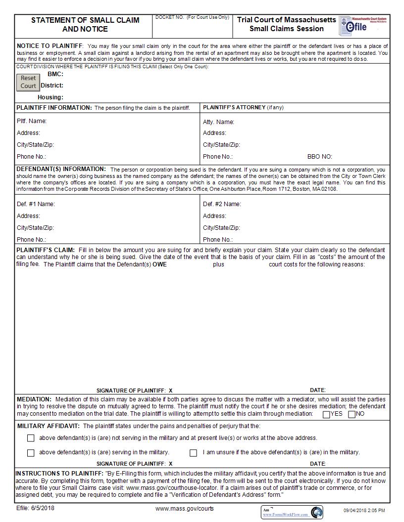 Statement Of Small Claims And Notice (For E-Filing) | Pdf Fpdf Docx | Massachusetts