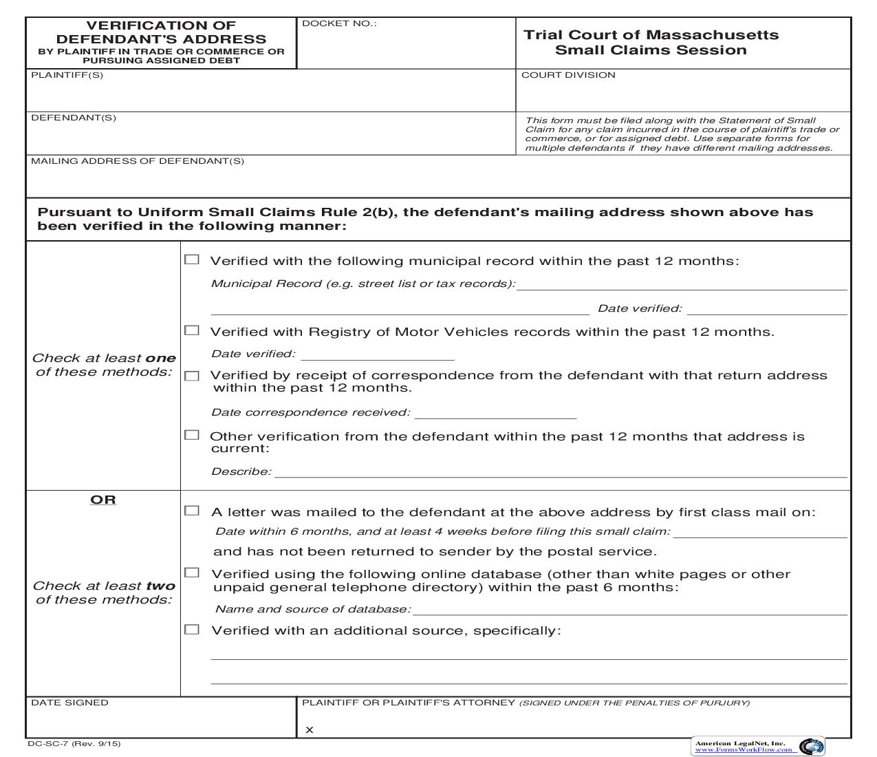 Verification Of Defendents Address {DC-SC-7} | Pdf Fpdf Doc Docx | Massachusetts