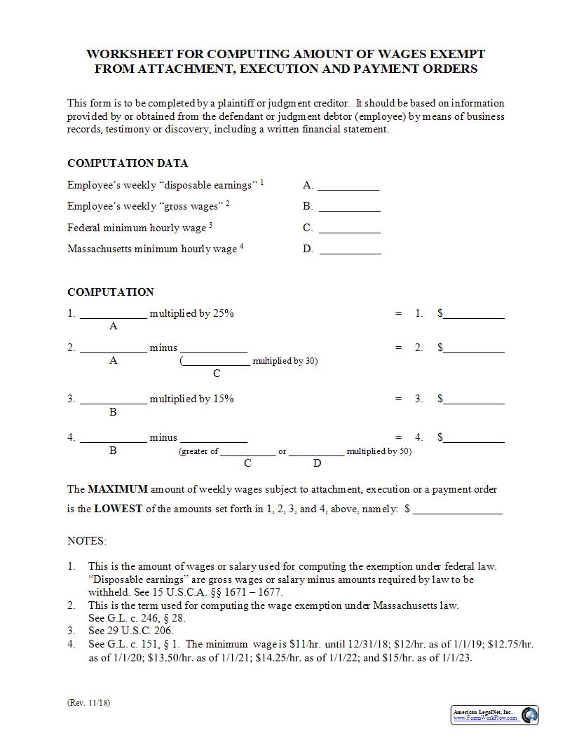 Worksheet For Computing Amount Of Wages Exempt From Attachment | Pdf Fpdf Docx | Massachusetts
