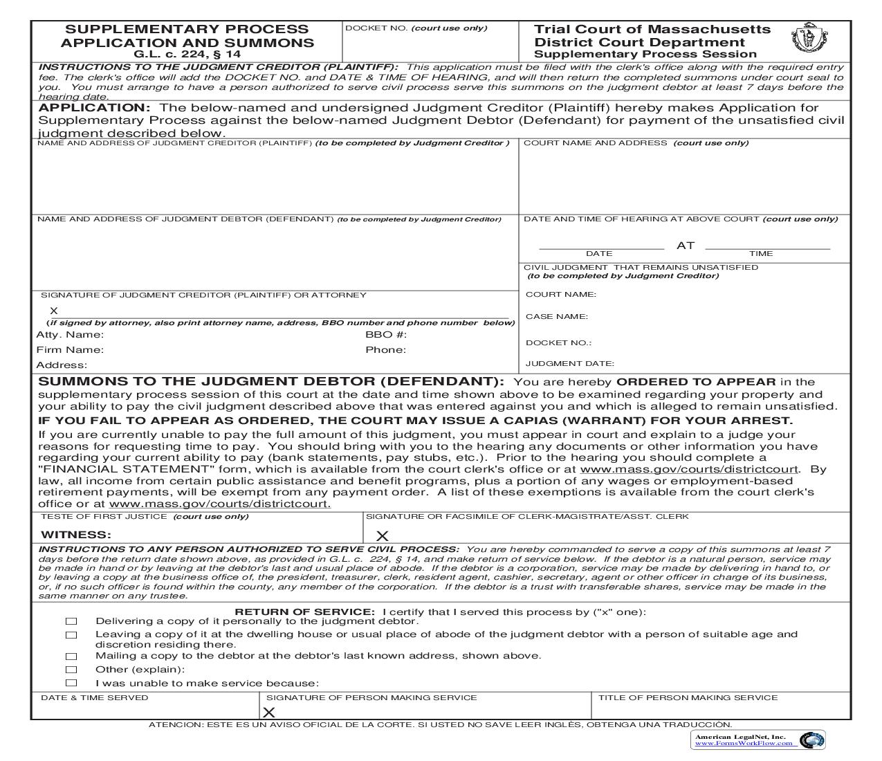 Supplementary Process Application And Summons | Pdf Fpdf Doc Docx | Massachusetts