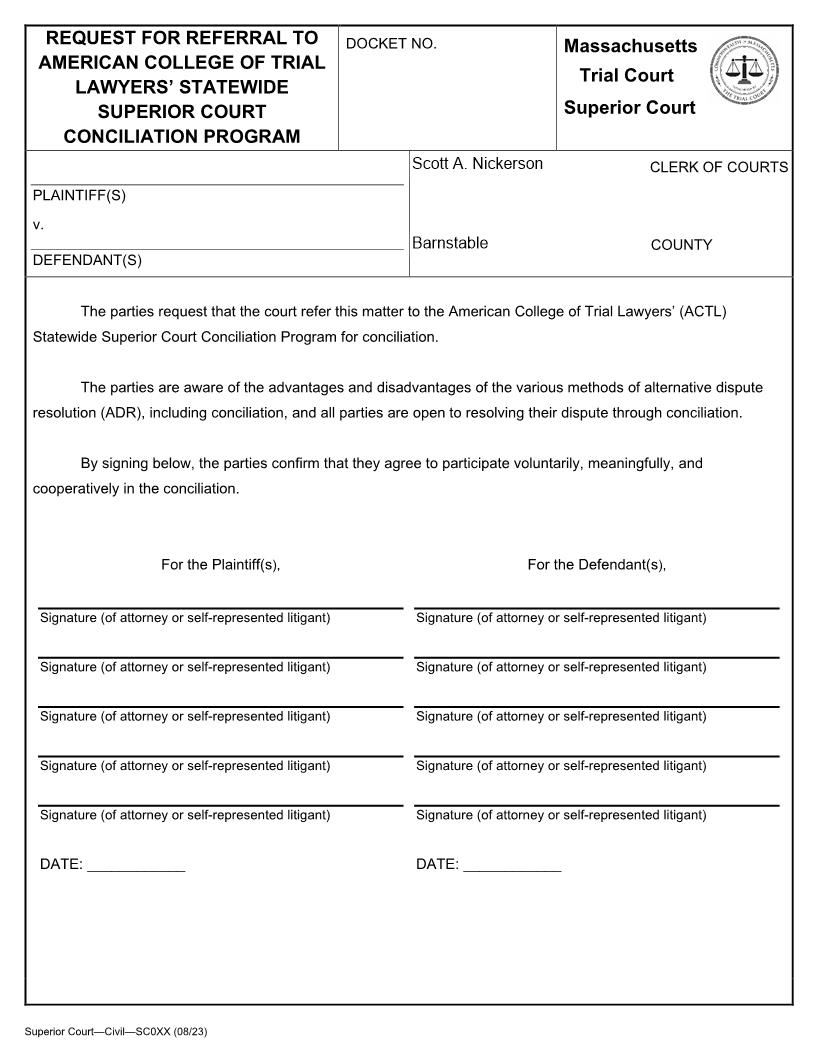 ADR-Request For Referral To ACTL Statewide Superior Court Conciliation Program | Pdf Fpdf Docx | Massachusetts