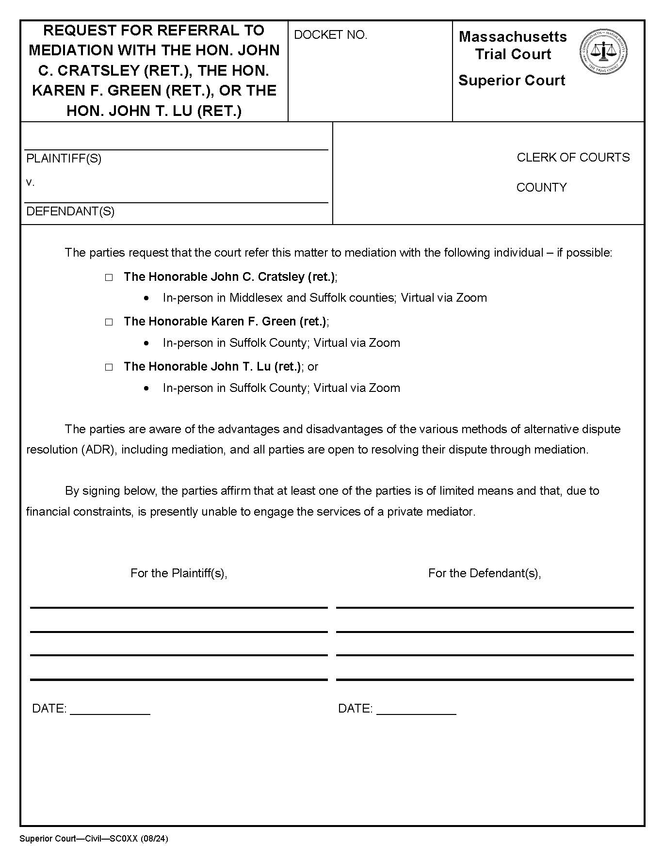 ADR-Request For Referral To Mediation-John Cratsley-Karen Green-John Lu | Pdf Fpdf Doc Docx | Massachusetts
