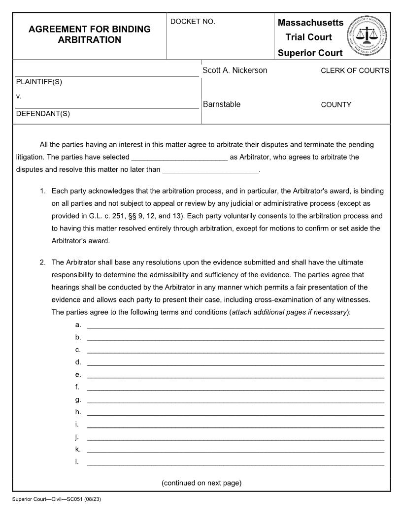 Agreement For Binding Arbitration | Pdf Fpdf Doc Docx | Massachusetts