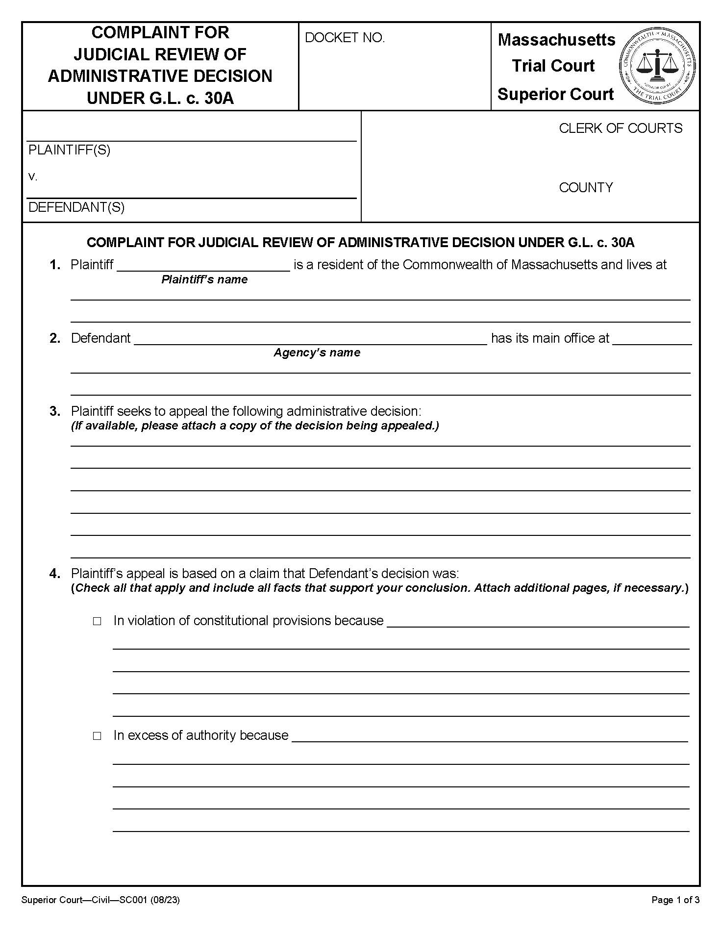 Appeal A State Agency Decision (Complaint For Judcial Review Of Administrative Decision) {SC-001} | Pdf Fpdf Docx | Massachusetts