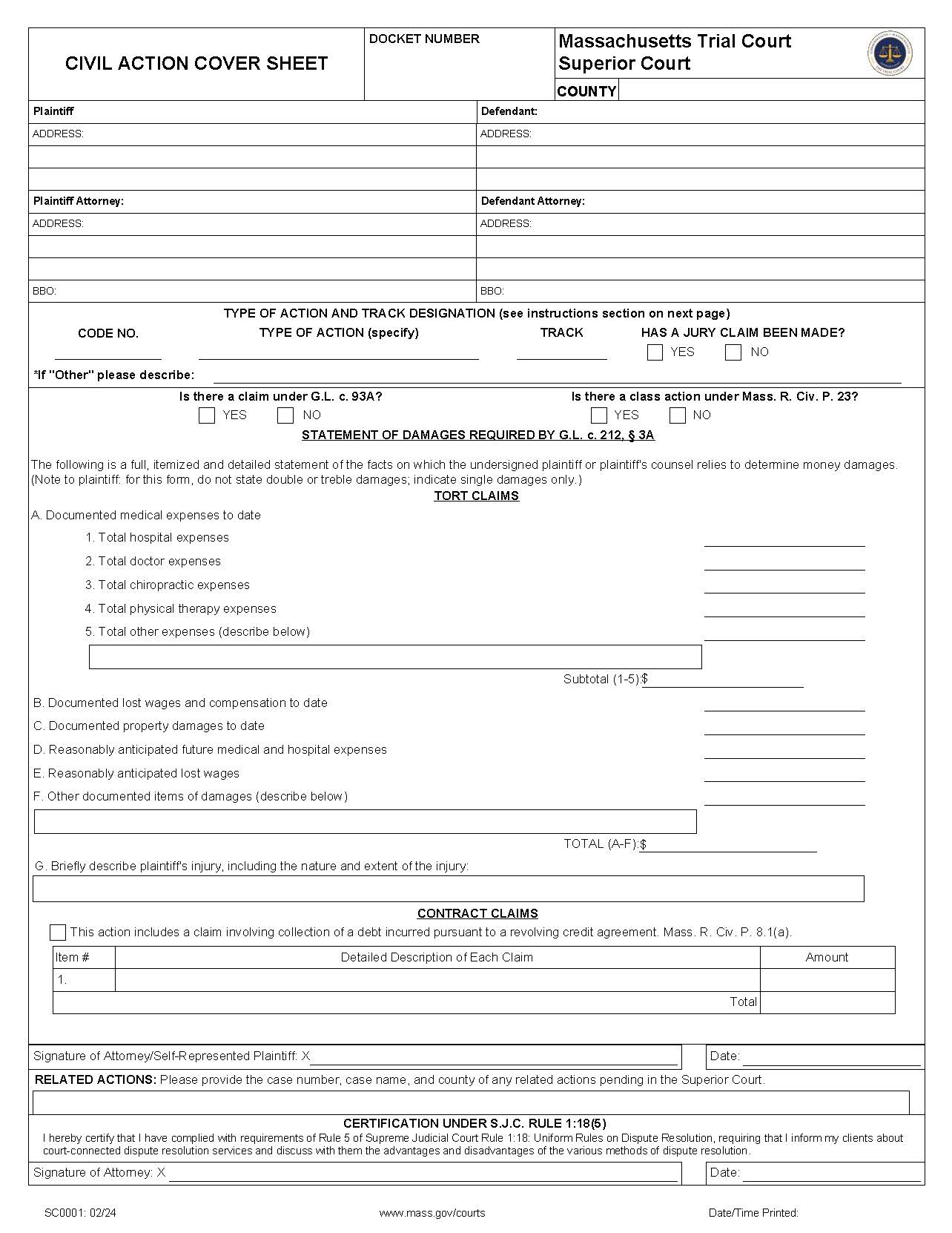 Civil Action Cover Sheet | Pdf Fpdf Docx | Massachusetts
