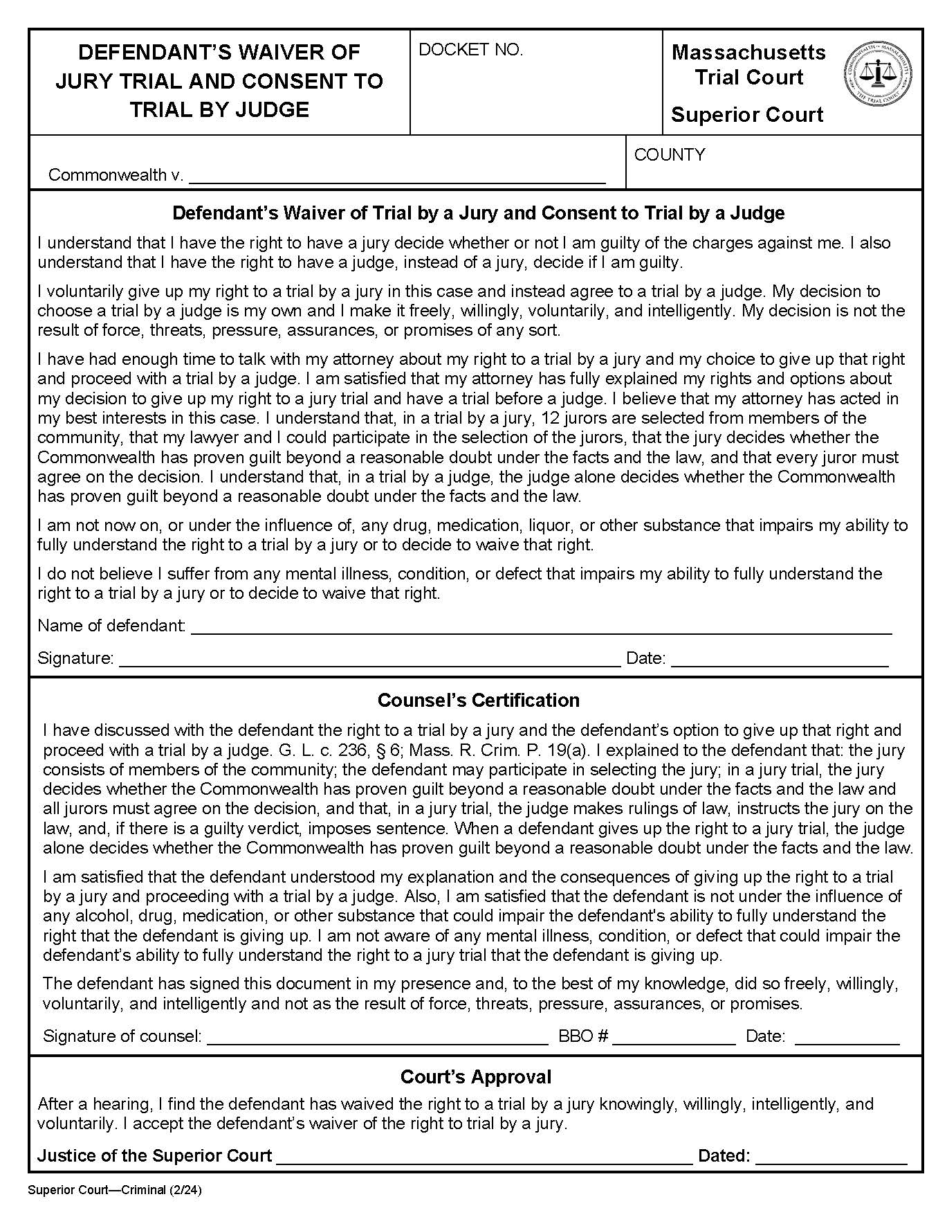 Defendants Waiver Of Jury Trial And Consent To Trial By Judge | Pdf Fpdf Docx | Massachusetts